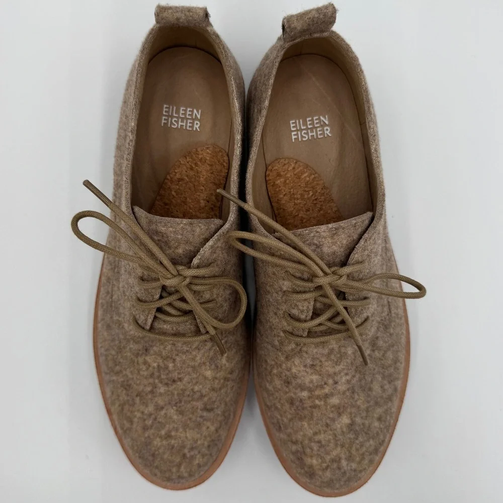 Eileen Fisher Nims Felt Platform Oxford Shoes Minimalist Womens 9.5 Barley Tan